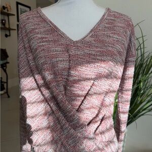 Women's V-Neck Sweater - Pink and White